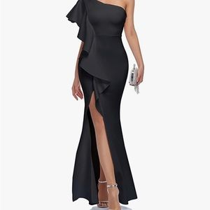Black formal maxi dress one sleeve with ruffle
